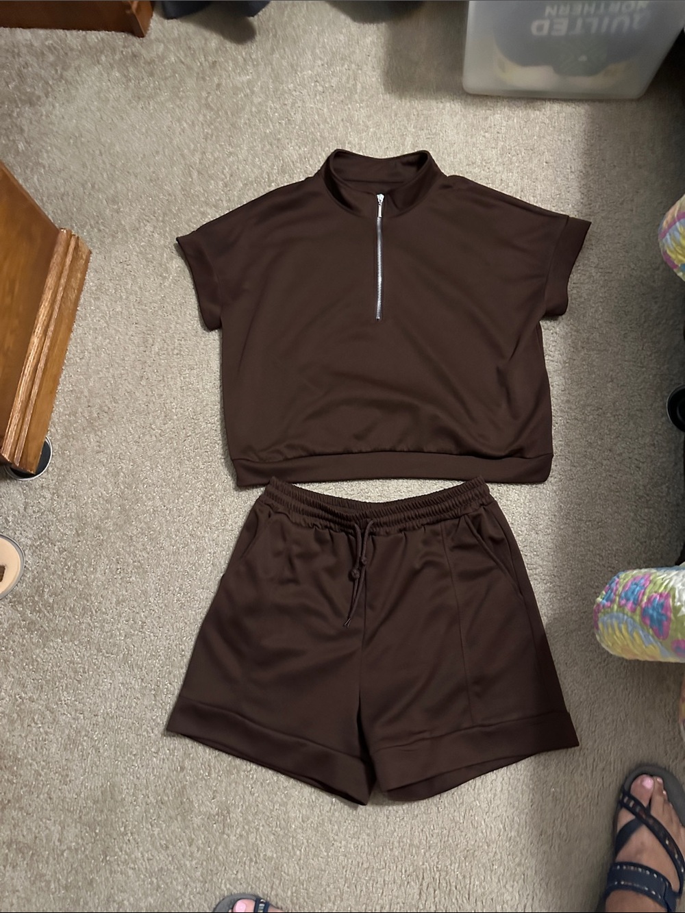 Dark Brown Two-Piece Zip-Front Short Set